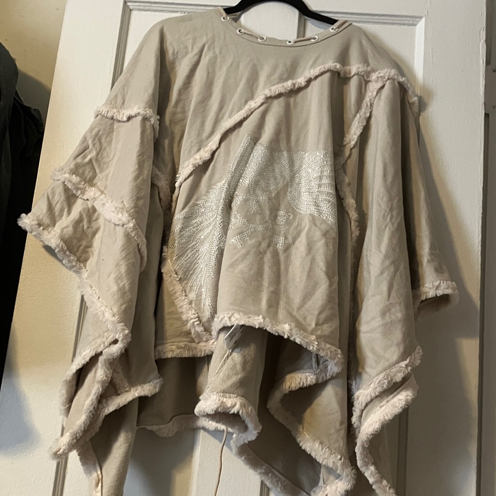 Salvage Beige Fringe Poncho with Subtle Silver Embellishment